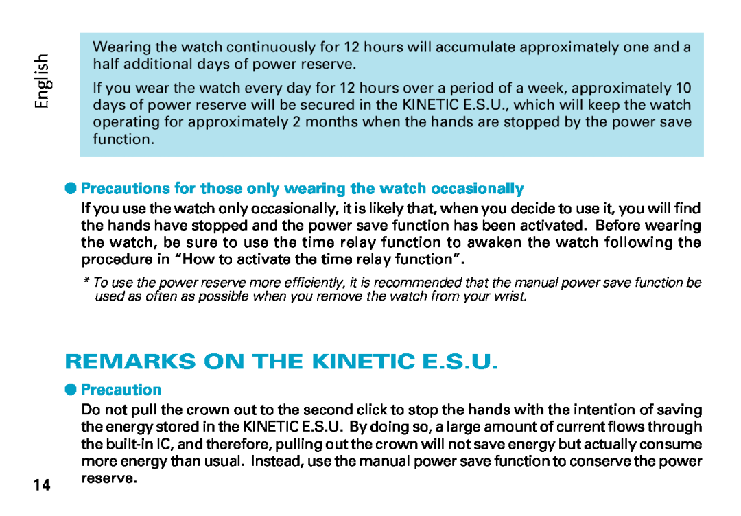 Seiko Cal. 5J22 5J32 Remarks On The Kinetic E.S.U, Precautions for those only wearing the watch occasionally, English 