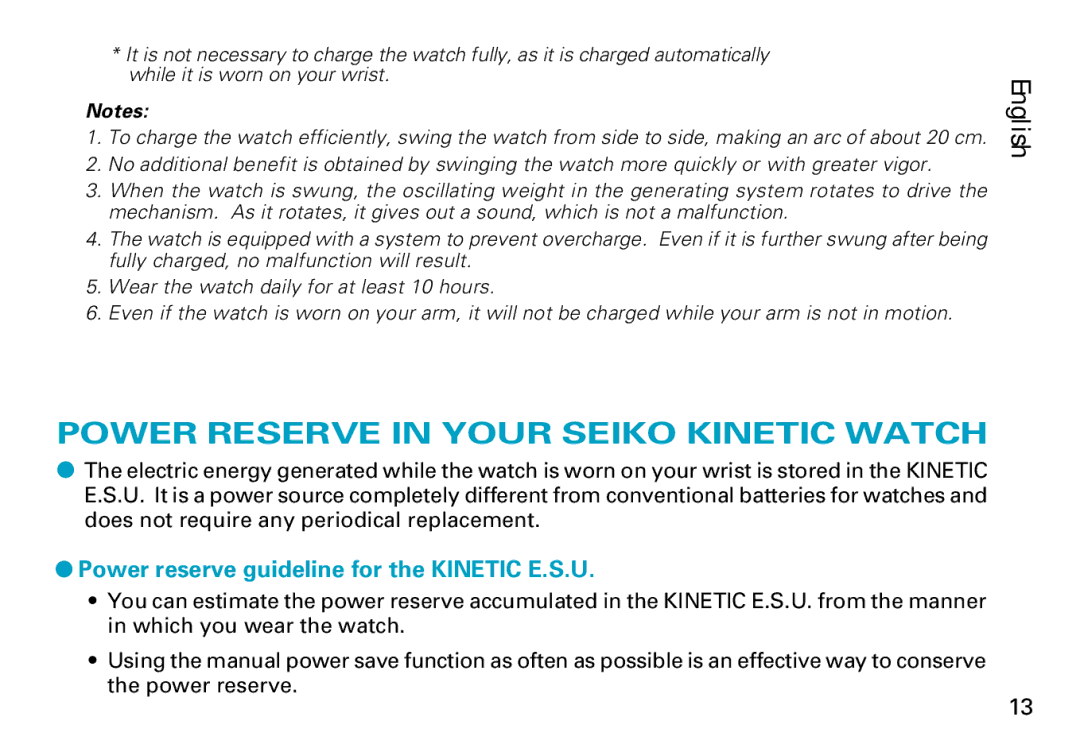 Seiko Cal. 5J22 manual Power Reserve in Your Seiko Kinetic Watch, Power reserve guideline for the Kinetic E.S.U 