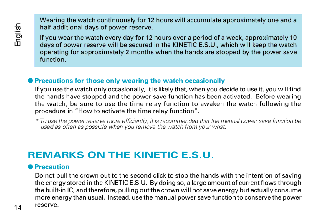 Seiko Cal. 5J22 manual Remarks on the Kinetic E.S.U, Precautions for those only wearing the watch occasionally 