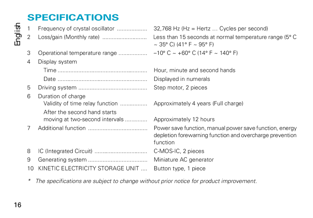 Seiko Cal. 5J22 manual Specifications 