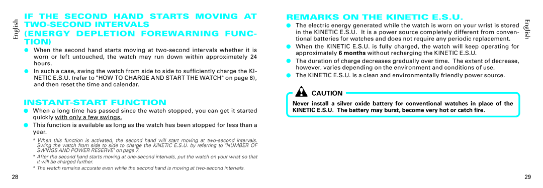 Seiko Cal 5M65 manual Energy Depletion Forewarning FUNC- Tion, INSTANT-START Function, Remarks on the Kinetic E.S.U 