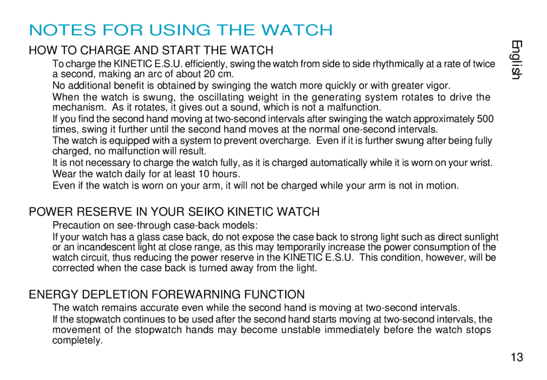 Seiko CAL. 7L22 manual HOW to Charge and Start the Watch, Power Reserve in Your Seiko Kinetic Watch 