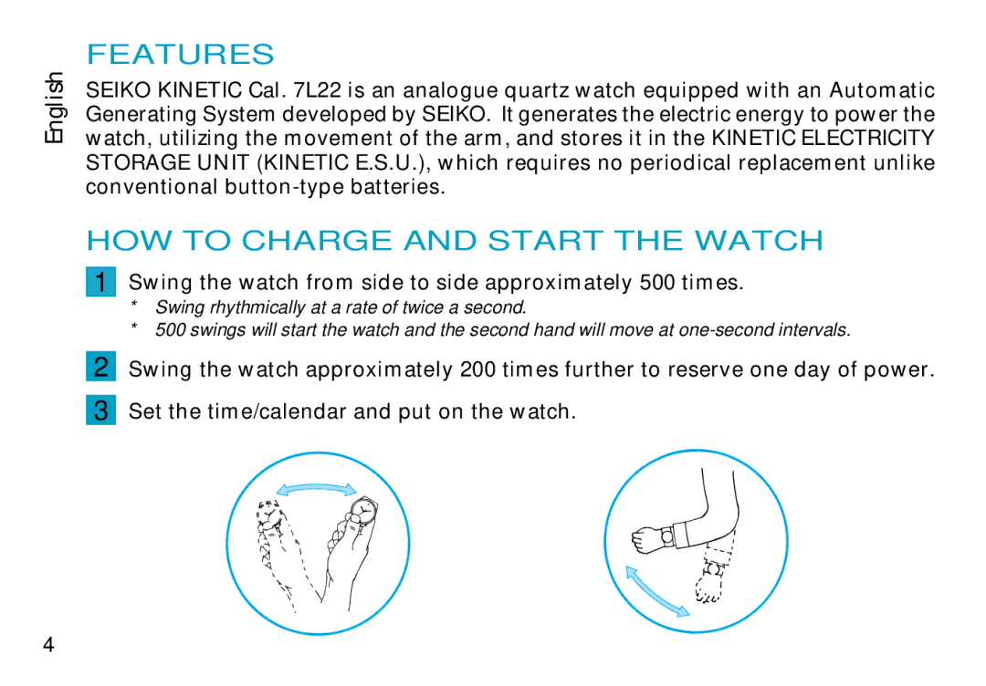 Seiko CAL. 7L22 manual Features, HOW to Charge and Start the Watch 