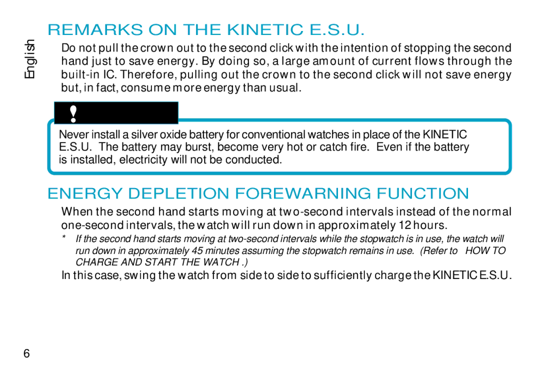 Seiko CAL. 7L22 manual Remarks on the Kinetic E.S.U, Energy Depletion Forewarning Function 