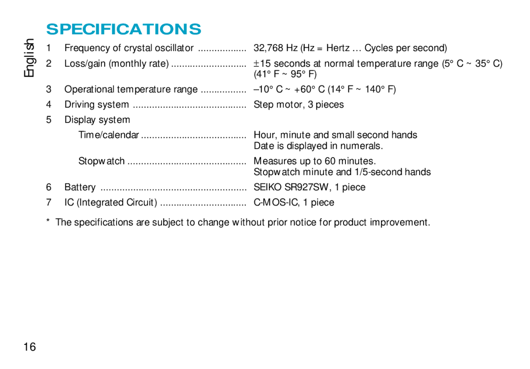 Seiko CAL. 7T94 manual Specifications 