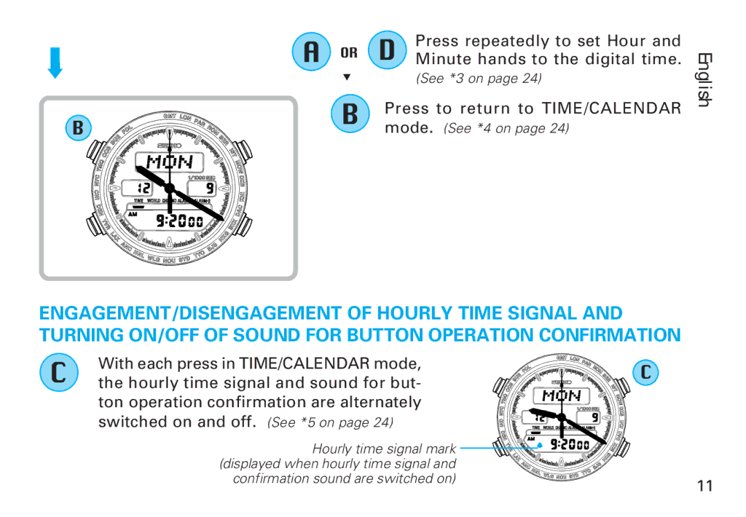 Seiko CAL. H021 manual Press repeatedly to set Hour, Minute hands to the digital time 