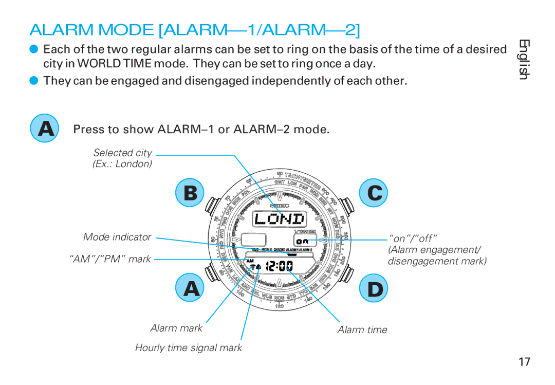 Seiko CAL. H021 manual Alarm Mode ALARM-1/ALARM-2, Press to show ALARM-1 or ALARM-2 mode 