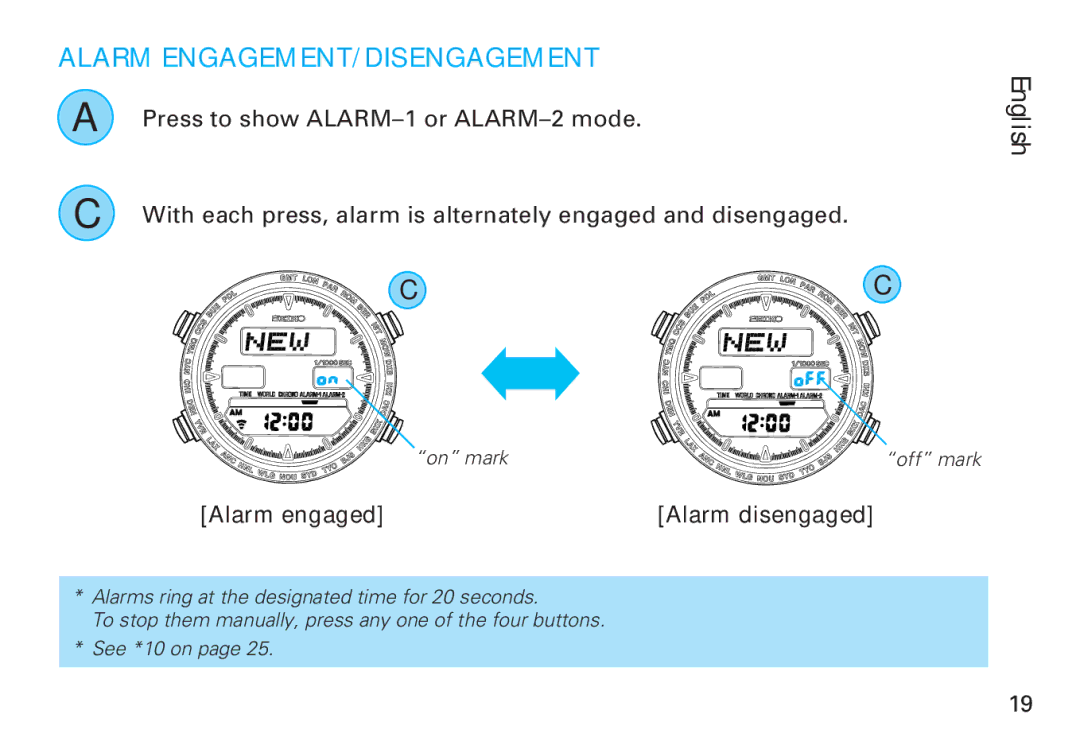 Seiko CAL. H021 manual Alarm ENGAGEMENT/DISENGAGEMENT 