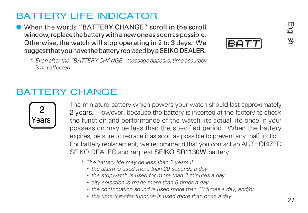 Seiko CAL. H021 manual Battery Life Indicator, Battery Change 