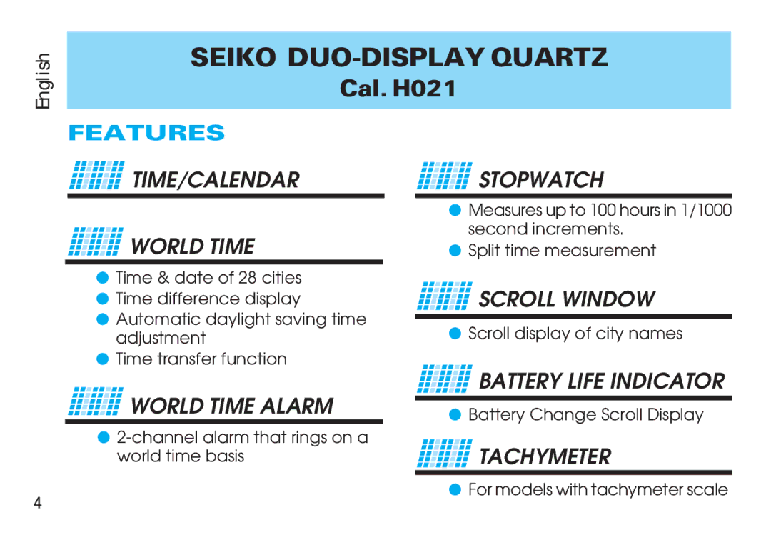 Seiko CAL. H021 manual Features, Channel alarm that rings on a world time basis, Scroll display of city names 