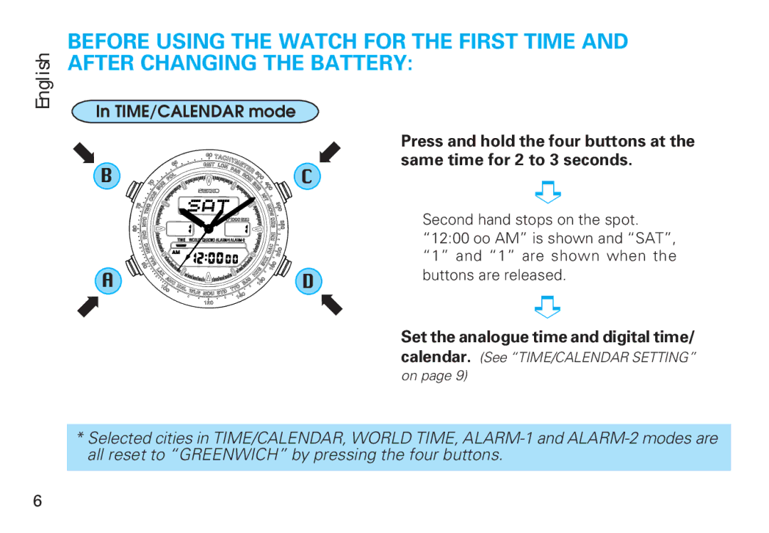 Seiko CAL. H021 manual TIME/CALENDAR mode, Same time for 2 to 3 seconds, Second hand stops on the spot, are shown when 