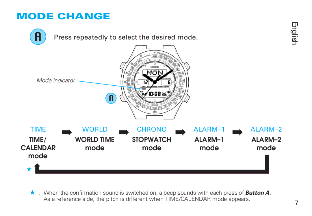 Seiko CAL. H021 manual Mode Change, Press repeatedly to select the desired mode 