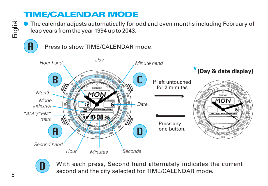 Seiko CAL. H021 manual TIME/CALENDAR Mode, Day & date display, Second and the city selected for TIME/CALENDAR mode 