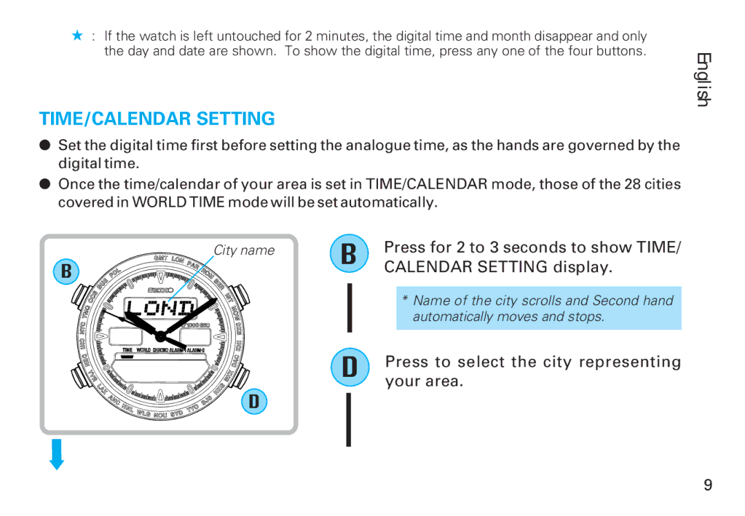 Seiko CAL. H021 Press for 2 to 3 seconds to show Time, Calendar Setting display, Press to select the city representing 