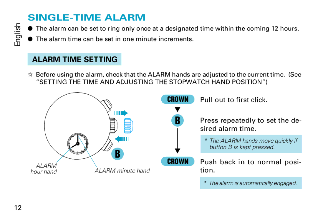Seiko Cal.7T62 manual SINGLE-TIME Alarm, Alarm Time Setting 