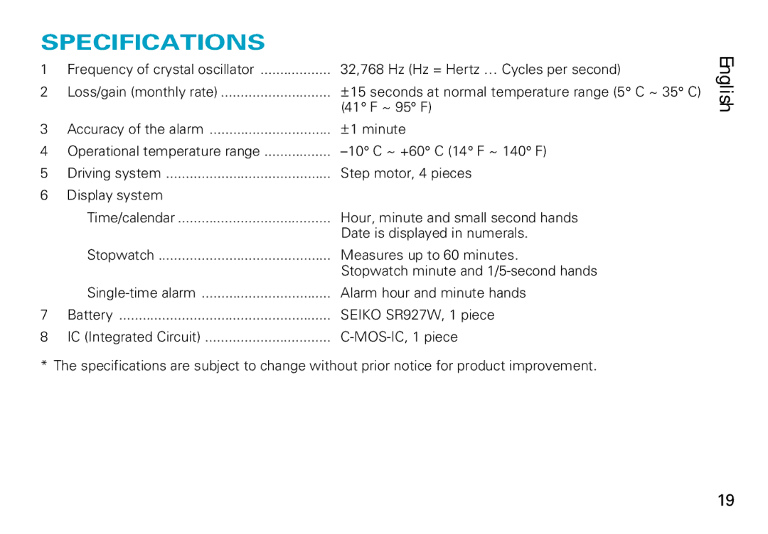 Seiko Cal.7T62 manual Specifications 