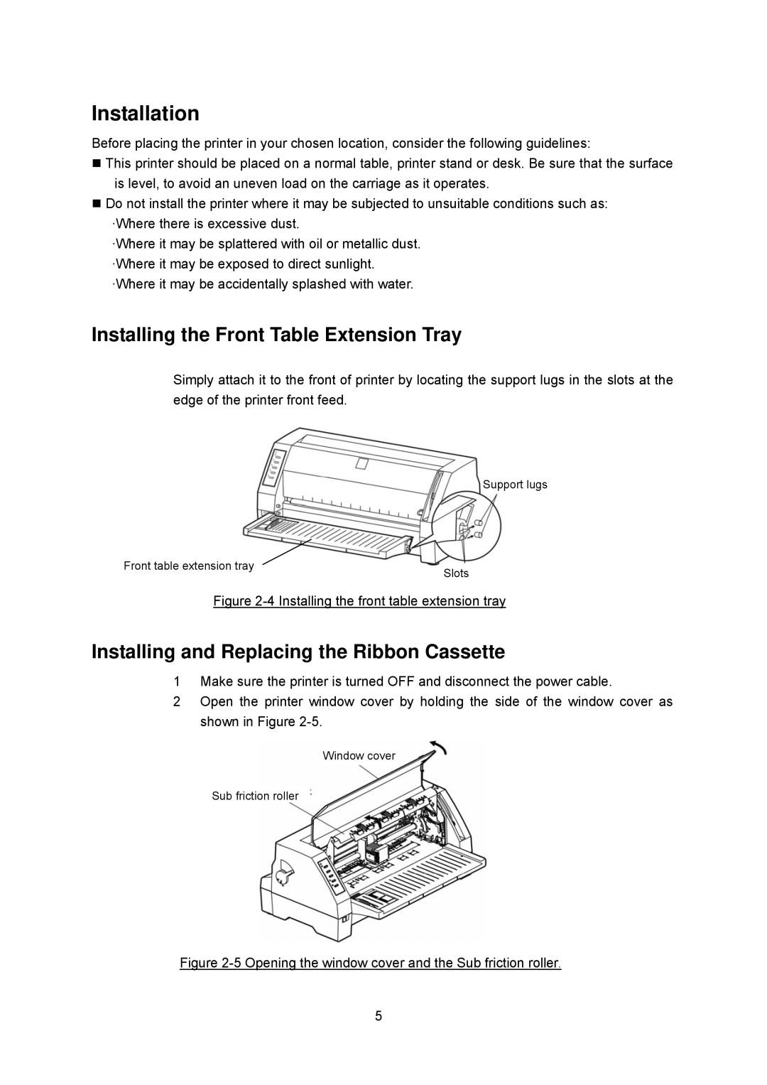 Seiko FB 390 Installation, Installing the Front Table Extension Tray, Installing and Replacing the Ribbon Cassette 