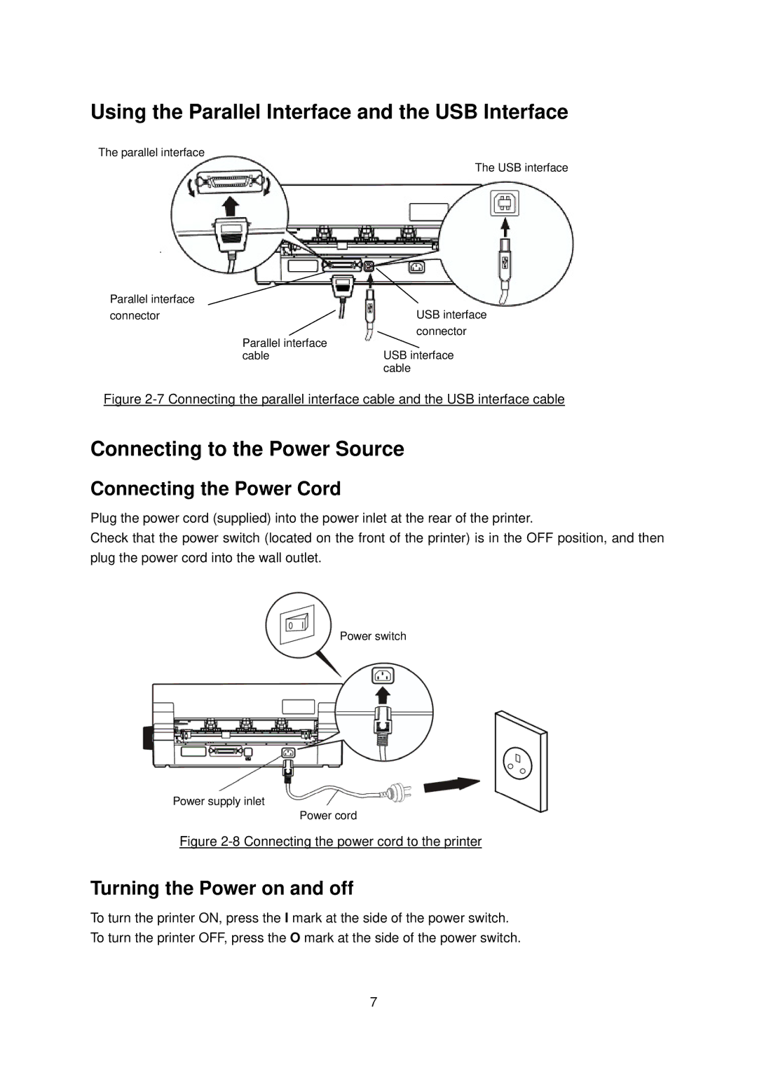 Seiko FB 390 Using the Parallel Interface and the USB Interface, Connecting to the Power Source, Connecting the Power Cord 