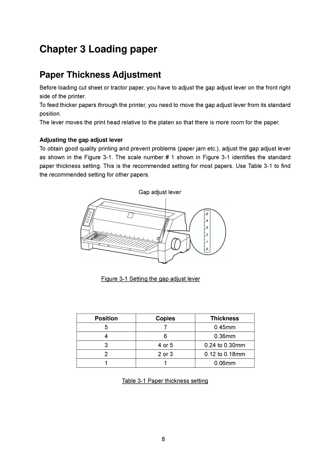 Seiko FB 390 Loading paper, Paper Thickness Adjustment, Adjusting the gap adjust lever, Position Copies Thickness 