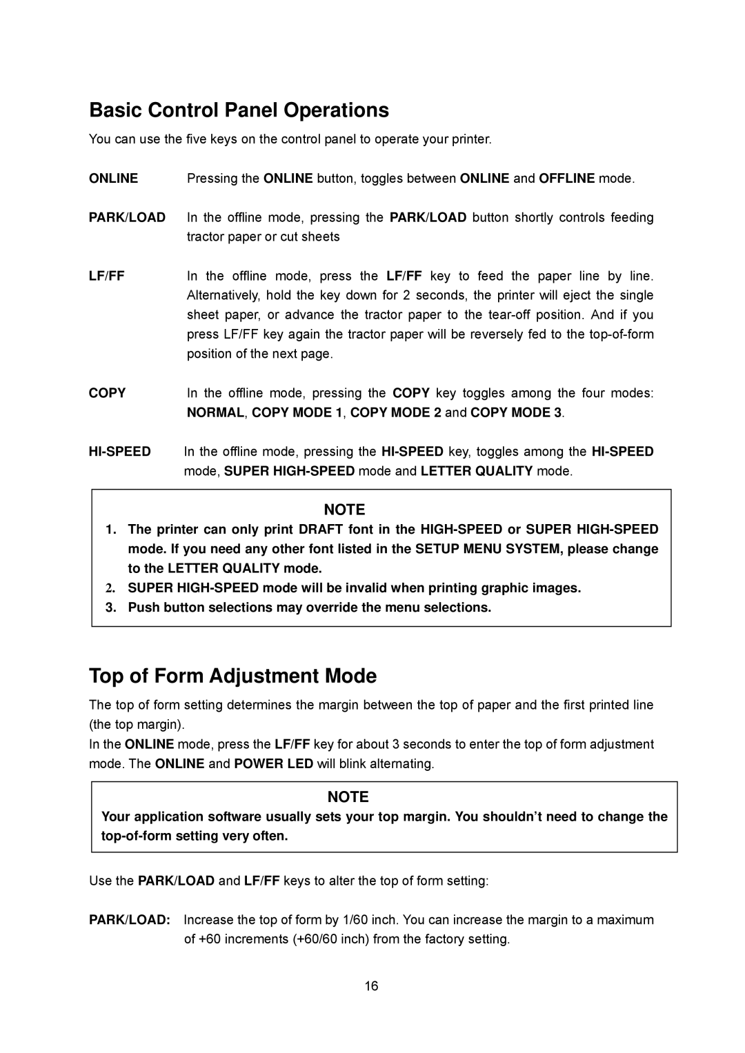 Seiko FB 390 user manual Basic Control Panel Operations, Top of Form Adjustment Mode 