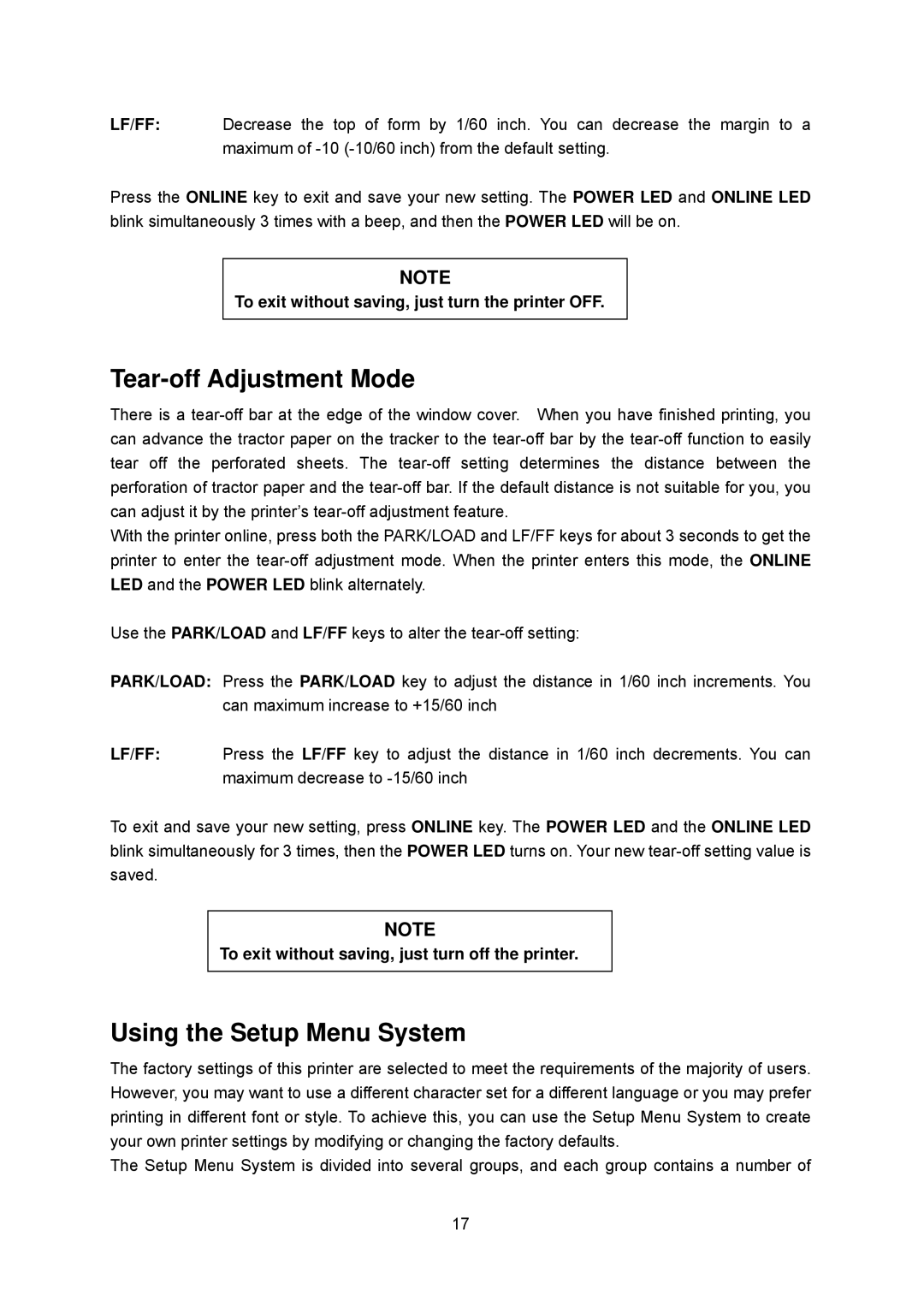 Seiko FB 390 Tear-off Adjustment Mode, Using the Setup Menu System, To exit without saving, just turn the printer OFF 