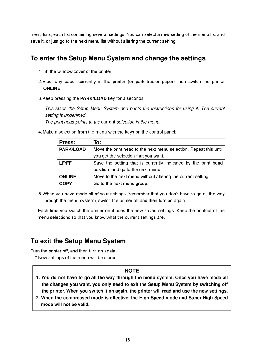 Seiko FB 390 user manual To enter the Setup Menu System and change the settings, To exit the Setup Menu System 