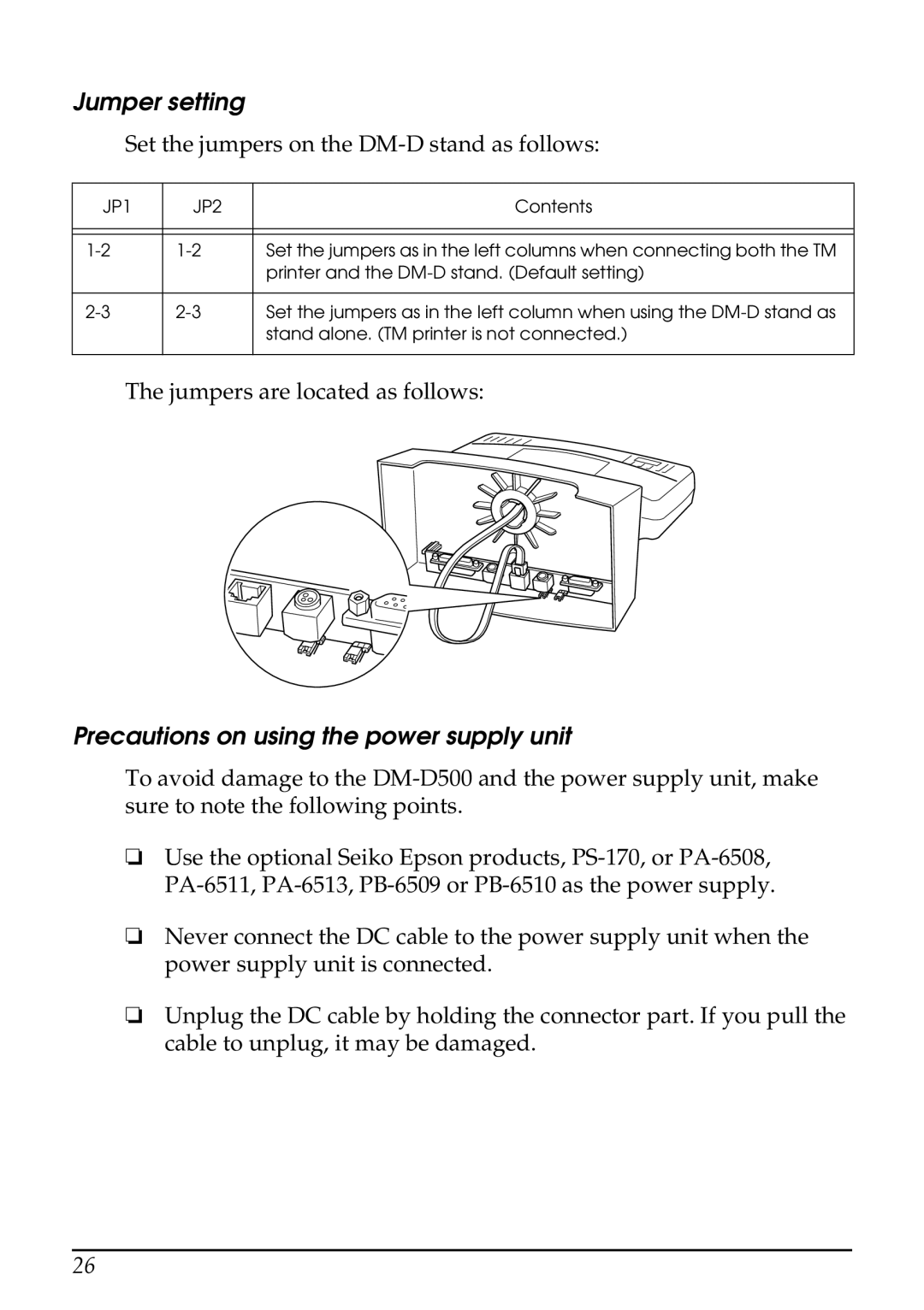 Seiko Group 201 installation manual Jumper setting, Precautions on using the power supply unit 