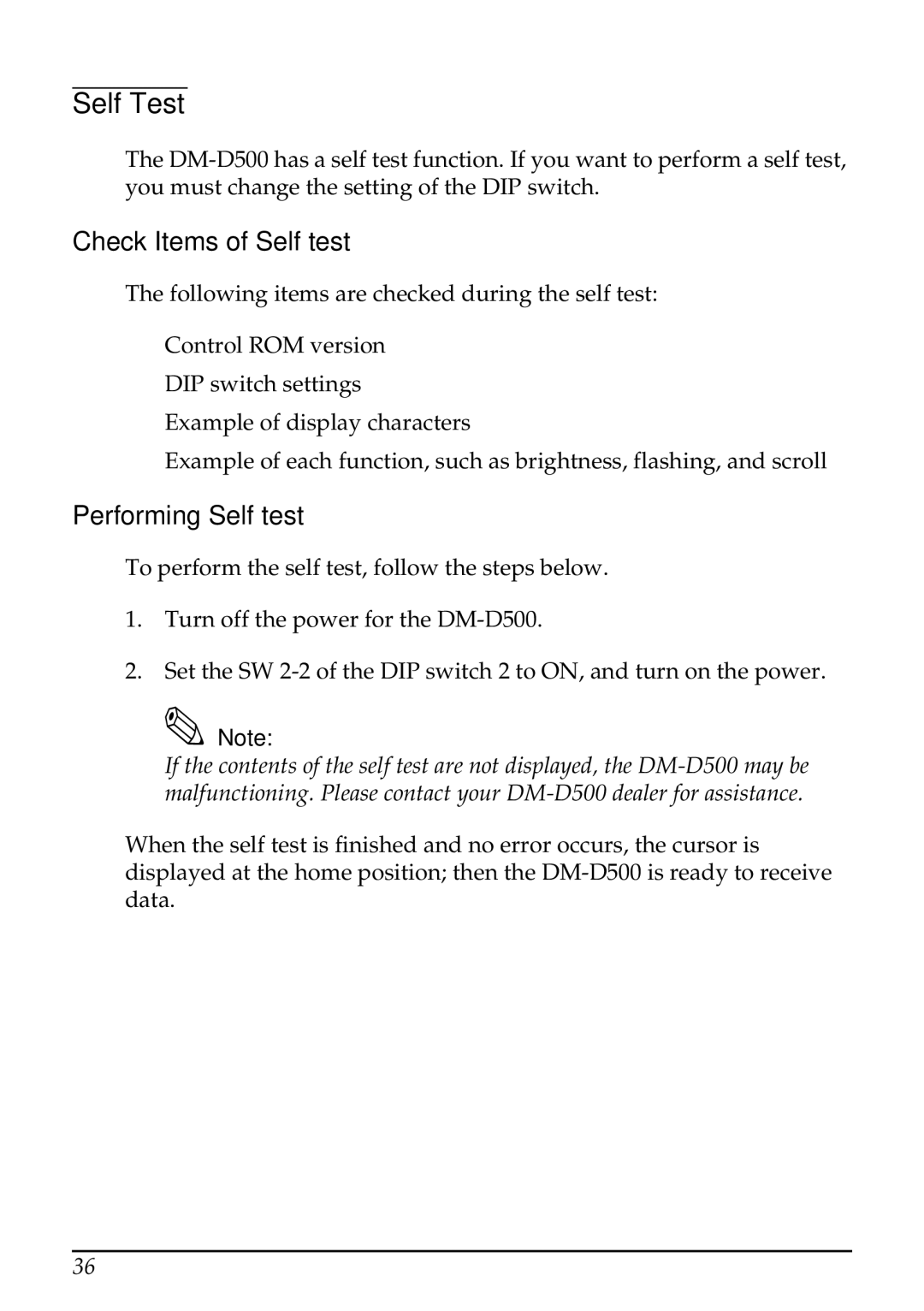 Seiko Group 201 installation manual Self Test, Check Items of Self test, Performing Self test 