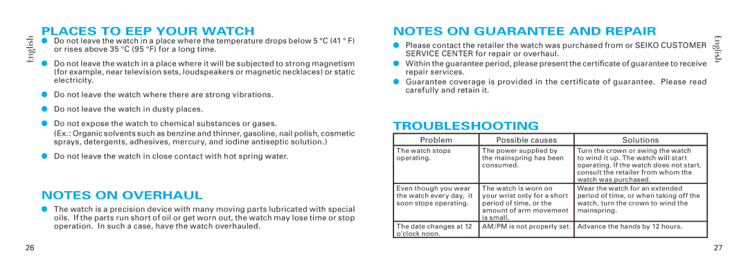 Seiko Group 6S28 manual Places to Keep Your Watch, Troubleshooting 