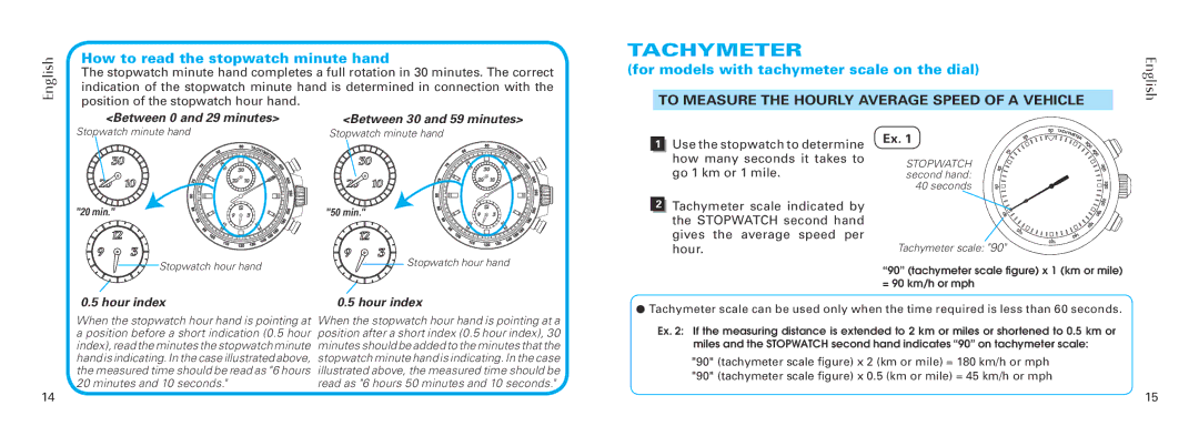 Seiko Group 6S28 manual Tachymeter, How to read the stopwatch minute hand, For models with tachymeter scale on the dial 