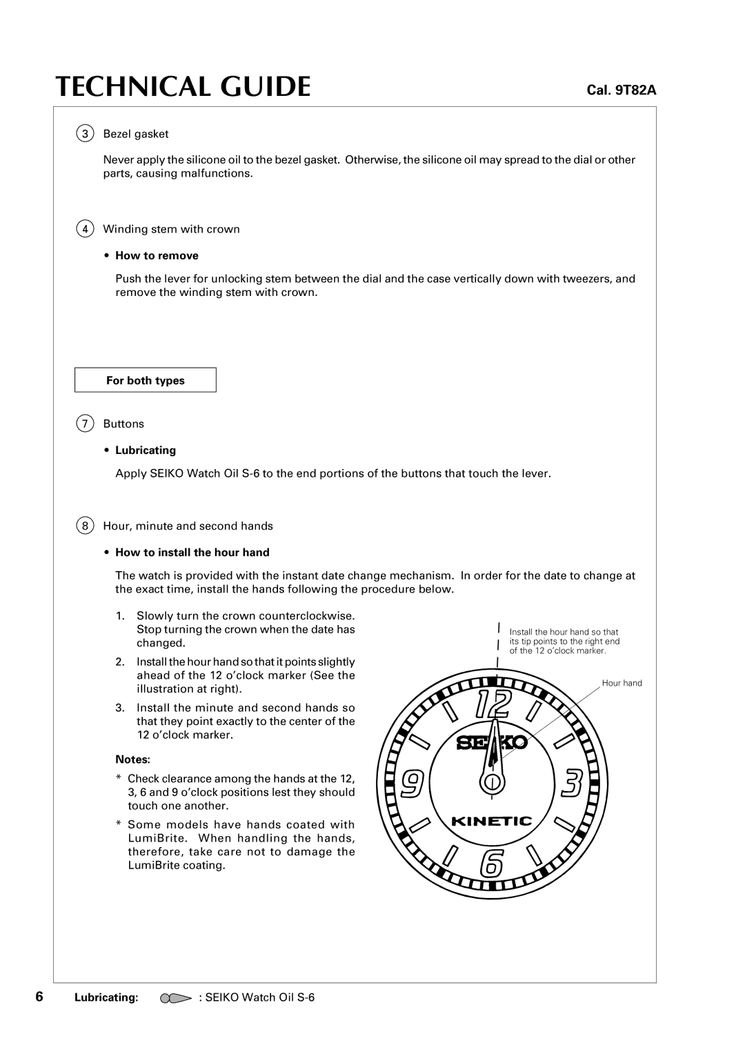 Seiko Group 9T82A specifications For both types, How to install the hour hand 