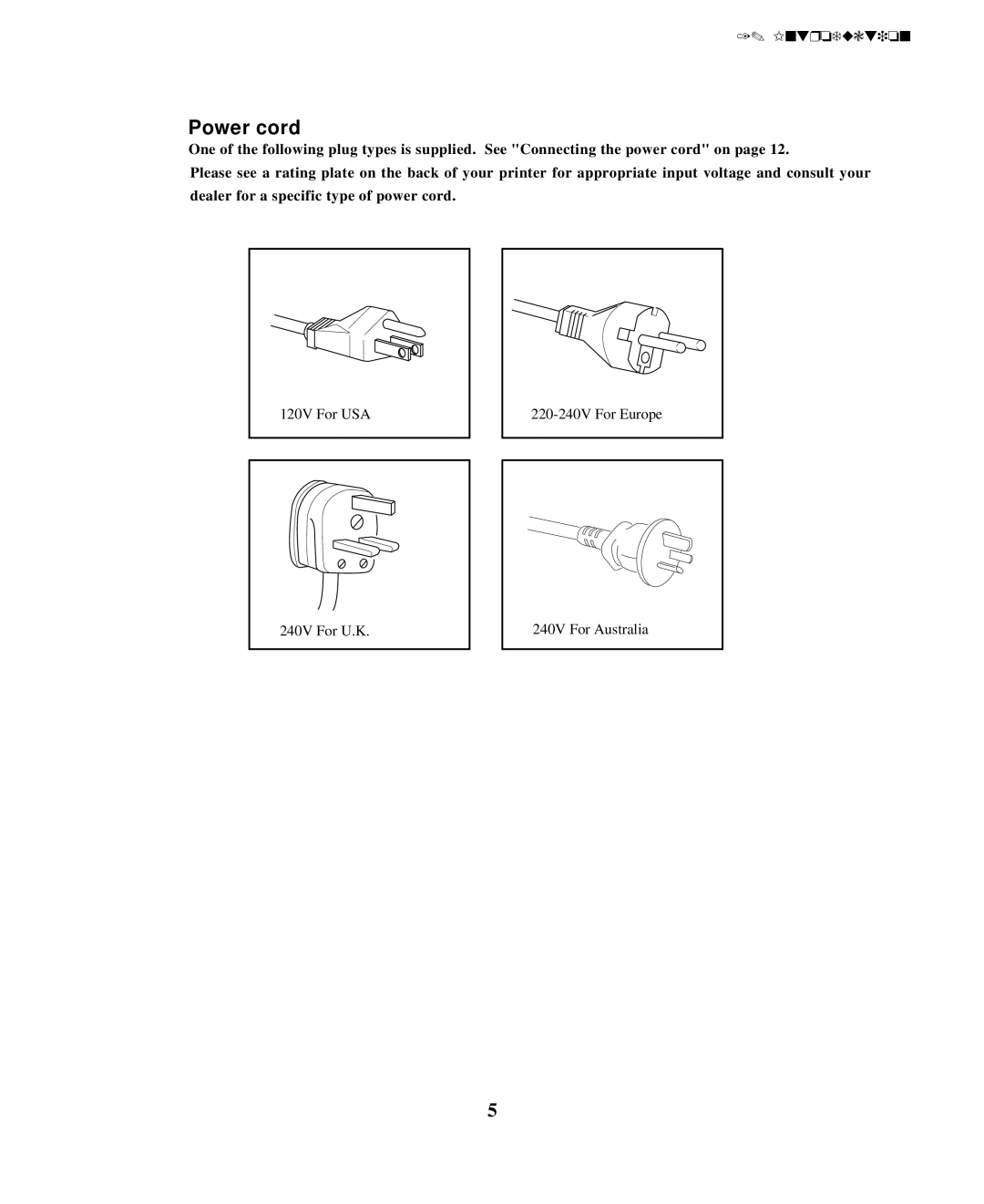 Seiko Group BP-6000 owner manual Power cord 