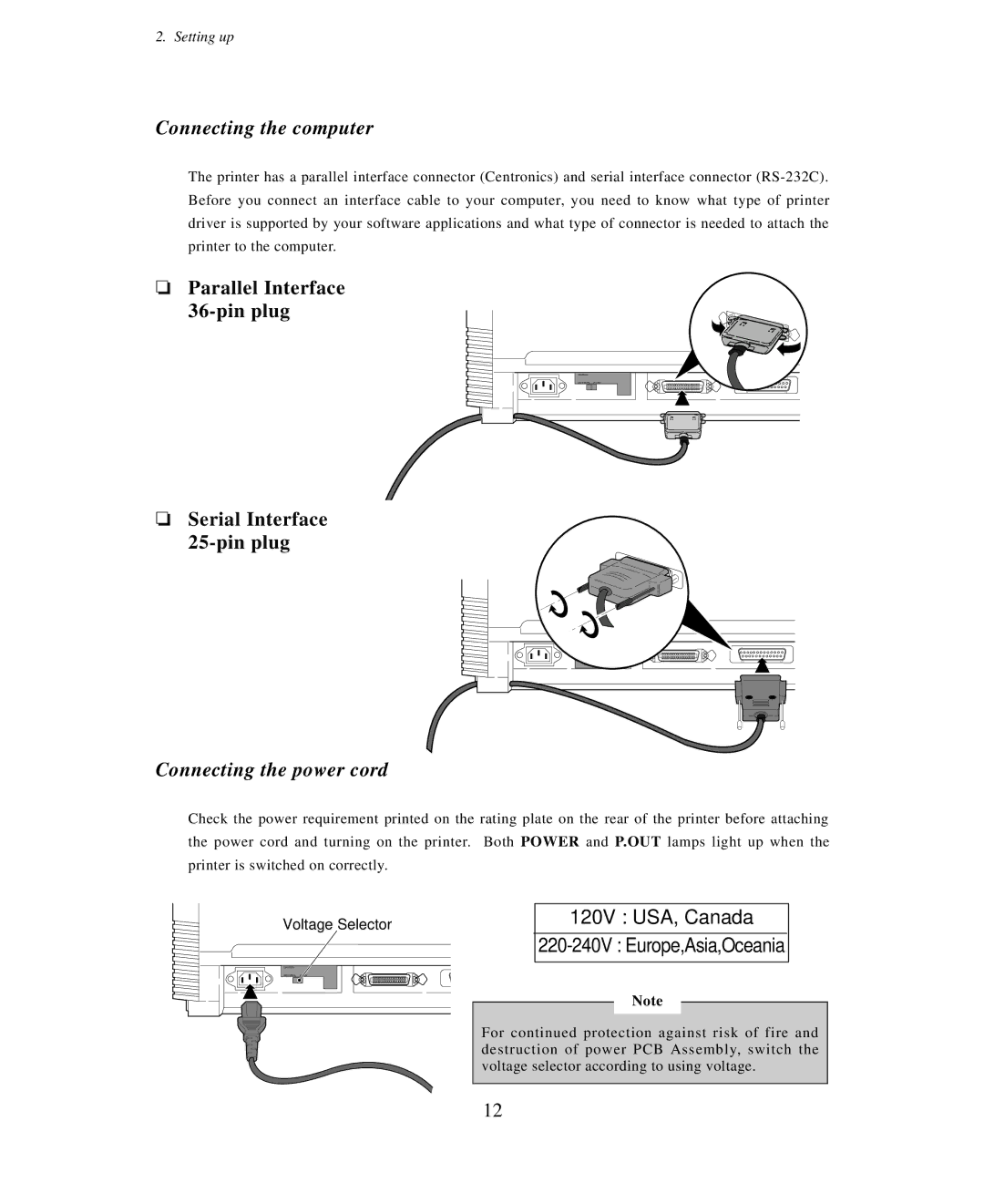 Seiko Group BP-6000 owner manual Connecting the computer, Parallel Interface 36-pin plug, Serial Interface 25-pin plug 