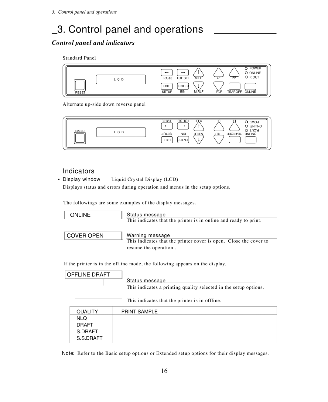 Seiko Group BP-6000 owner manual Control panel and operations, Control panel and indicators, Indicators, Online Cover Open 