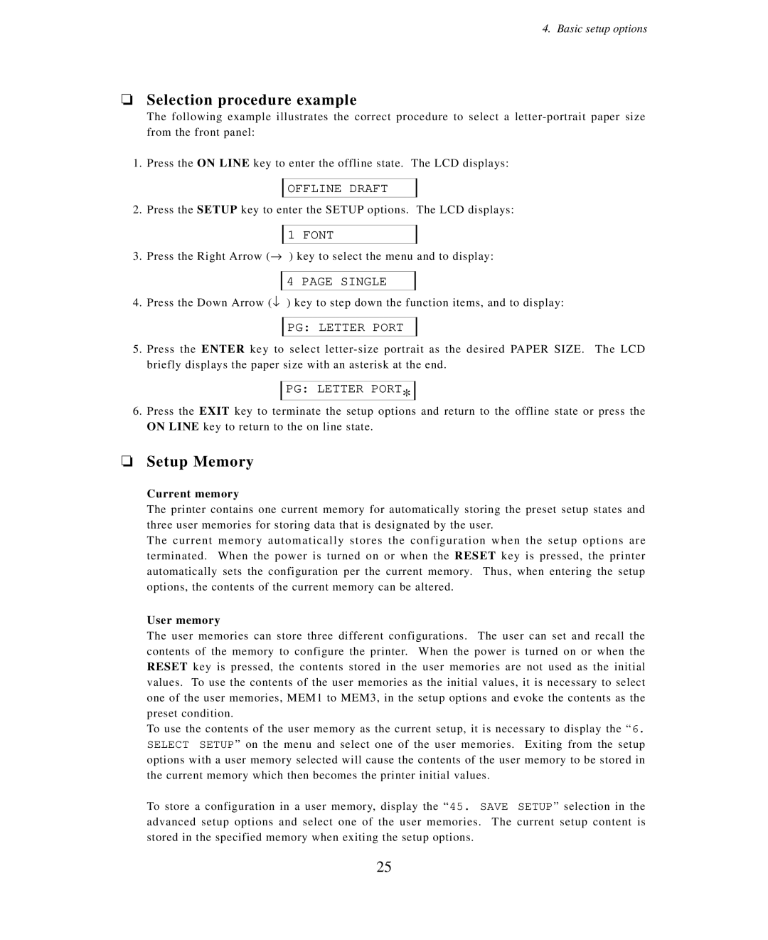 Seiko Group BP-6000 owner manual Selection procedure example, Setup Memory, Font, Single, PG Letter Port 