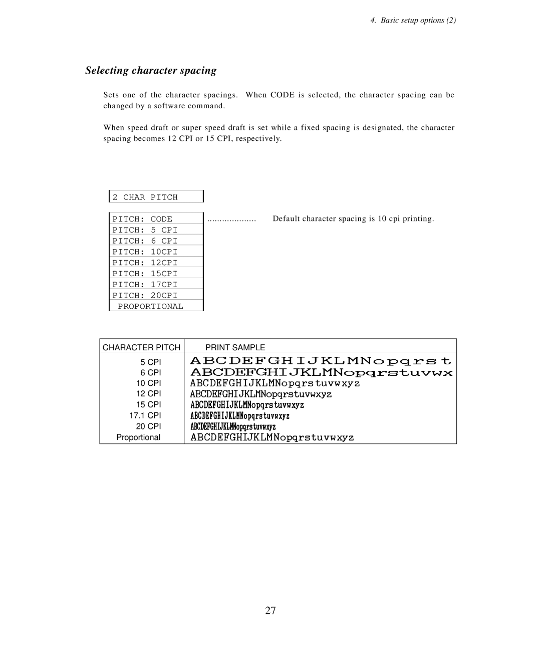 Seiko Group BP-6000 owner manual Selecting character spacing 