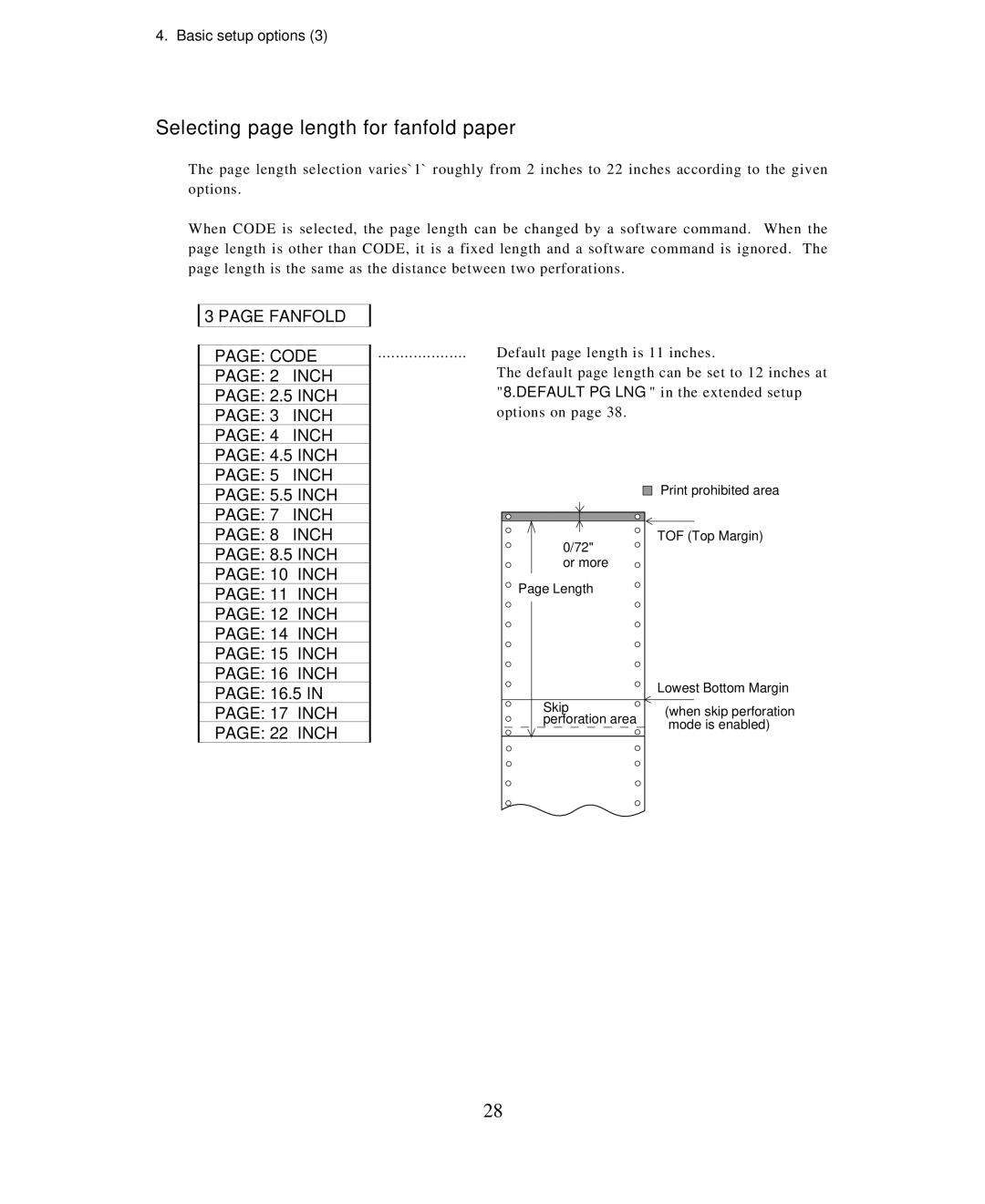 Seiko Group BP-6000 owner manual Selecting page length for fanfold paper, Inch 22 Inch 