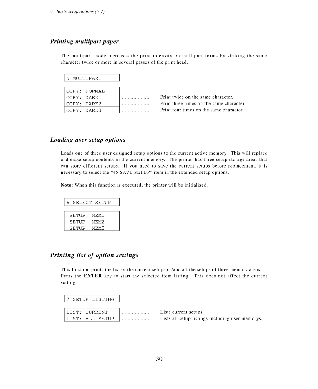 Seiko Group BP-6000 owner manual Printing multipart paper, Loading user setup options, Printing list of option settings 