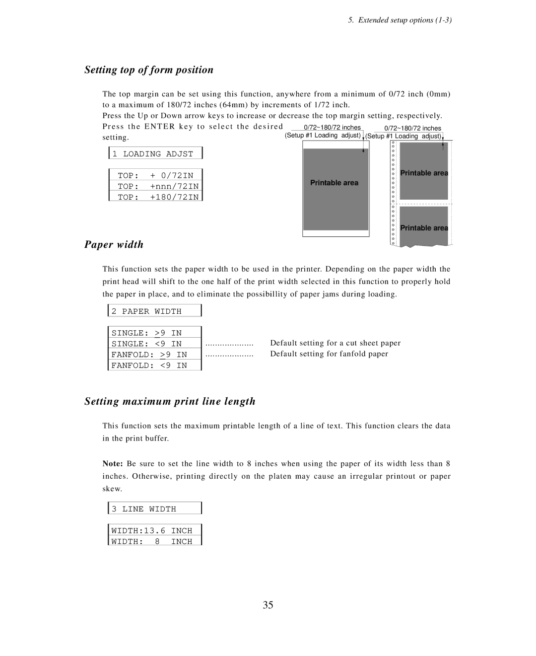 Seiko Group BP-6000 Setting top of form position, Paper width, Setting maximum print line length, Loading Adjst 