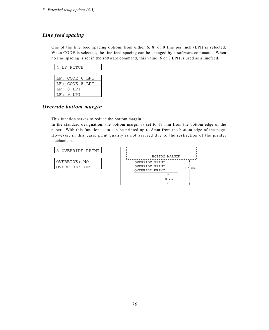 Seiko Group BP-6000 Line feed spacing, Override bottom margin, LF Pitch LF Code 6 LPI LF Code 8 LPI LF 8 LPI LF 9 LPI 