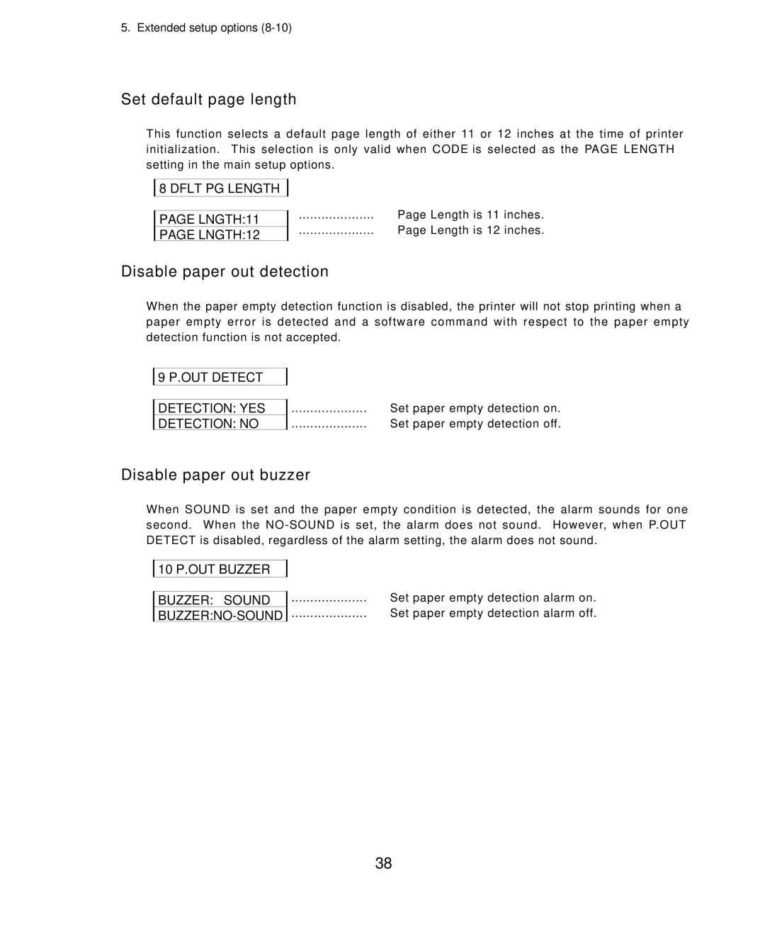 Seiko Group BP-6000 owner manual Set default page length, Disable paper out detection, Disable paper out buzzer 