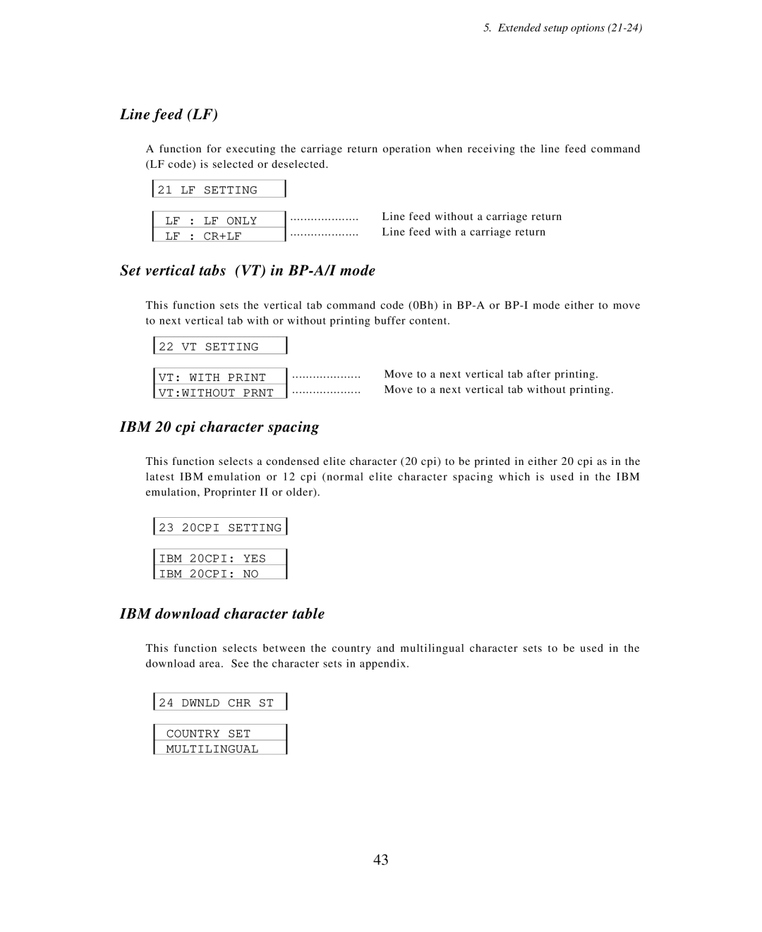 Seiko Group BP-6000 owner manual Line feed LF, Set vertical tabs VT in BP-A/I mode, IBM 20 cpi character spacing 