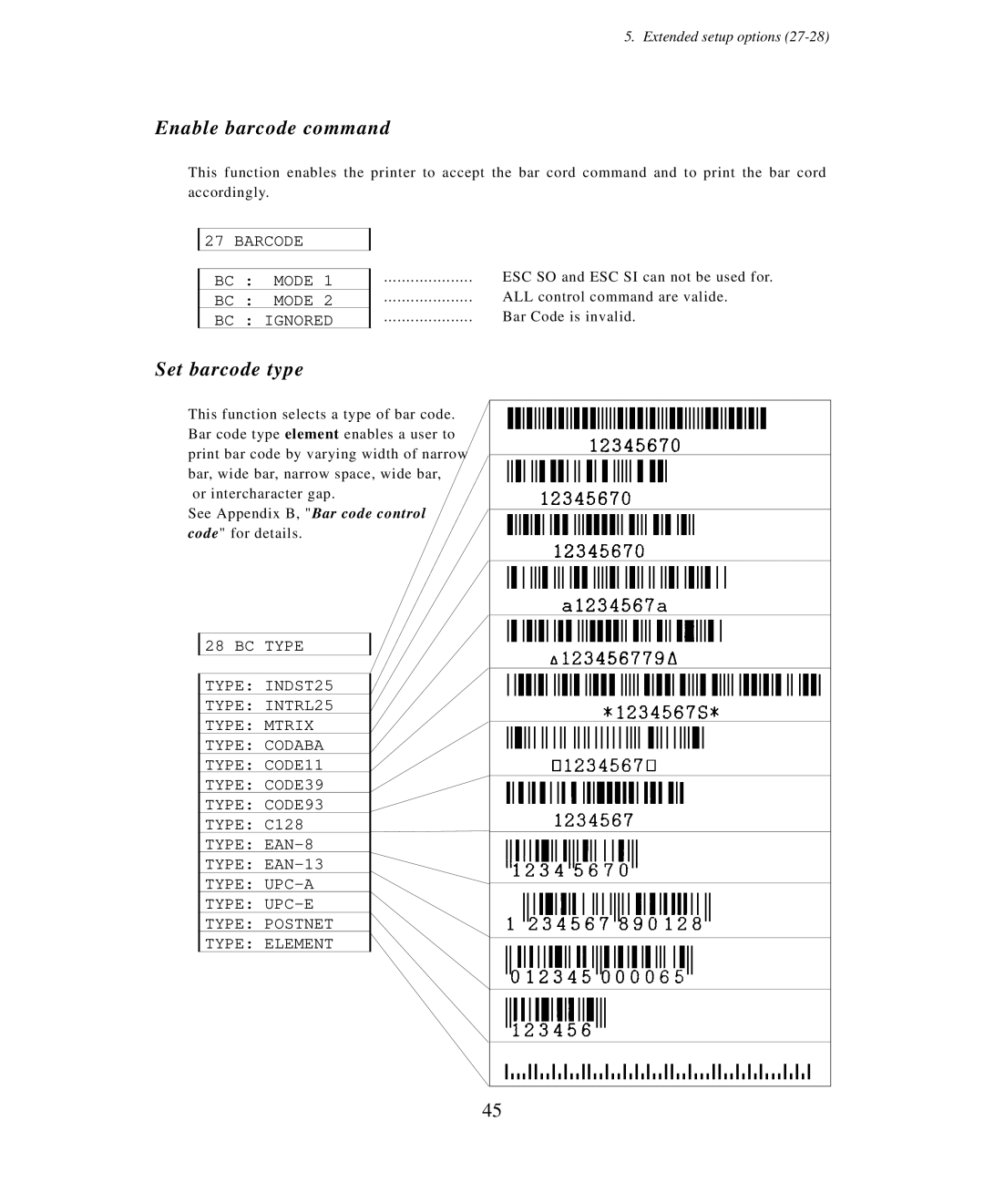 Seiko Group BP-6000 owner manual Enable barcode command, Set barcode type, Barcode BC Mode BC Ignored 