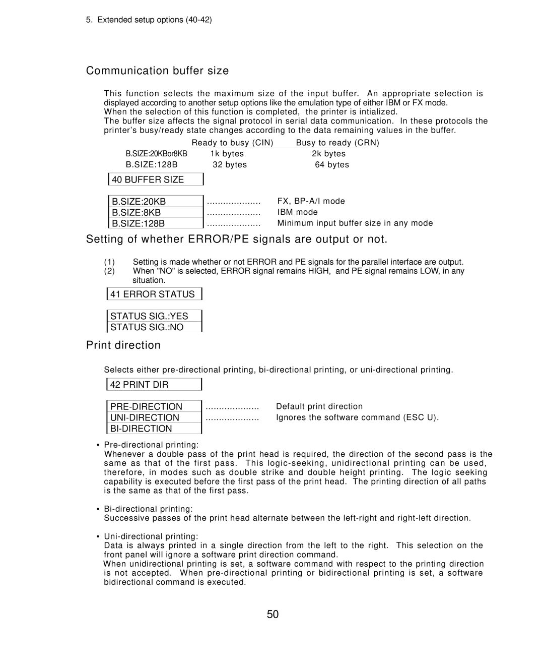 Seiko Group BP-6000 Communication buffer size, Setting of whether ERROR/PE signals are output or not, Print direction 