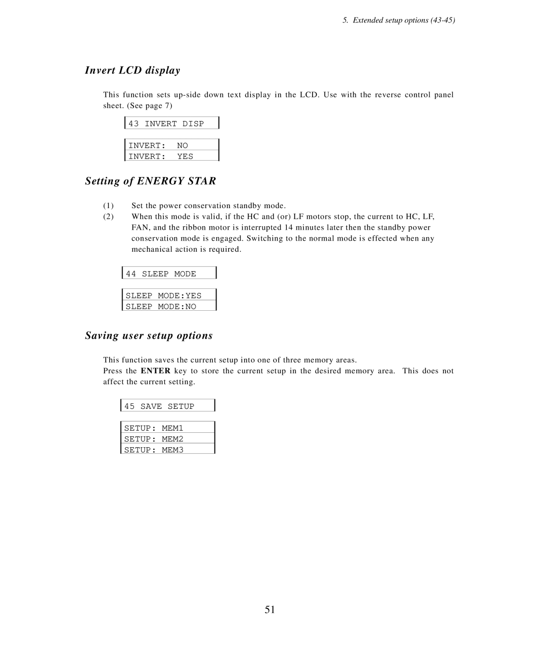 Seiko Group BP-6000 owner manual Invert LCD display, Setting of Energy Star, Saving user setup options 