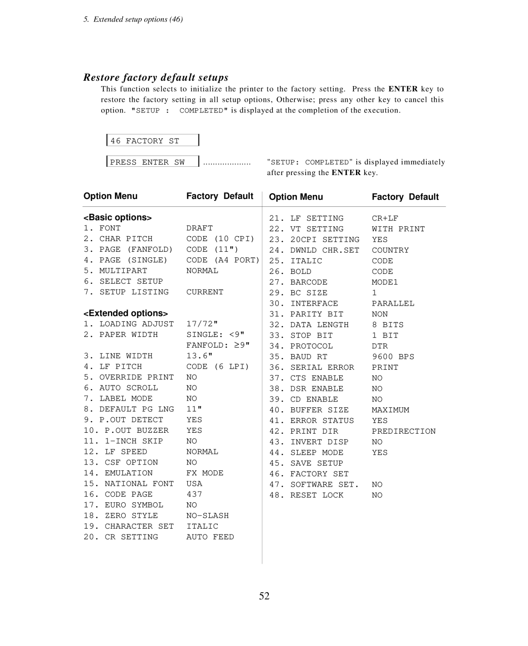 Seiko Group BP-6000 owner manual Restore factory default setups, Factory ST Press Enter SW, Baud RT 