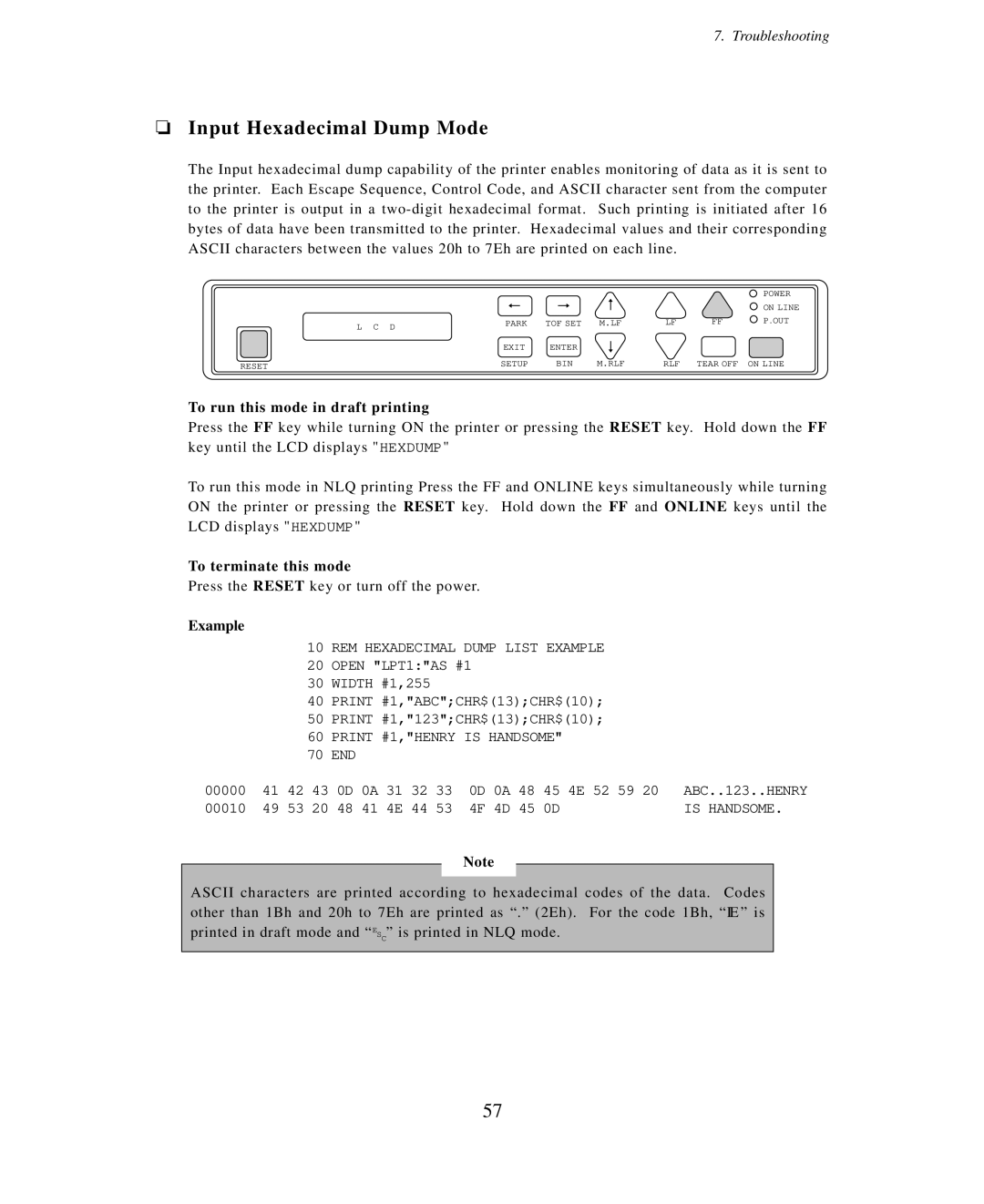 Seiko Group BP-6000 Input Hexadecimal Dump Mode, To run this mode in draft printing, To terminate this mode, Example 