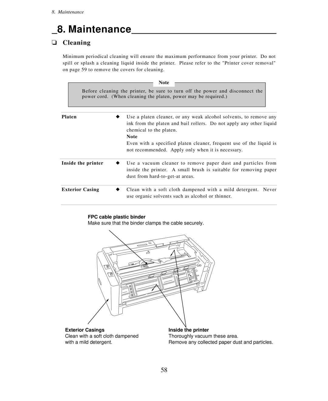 Seiko Group BP-6000 owner manual Maintenance, Cleaning, Platen, Inside the printer, Exterior Casing 