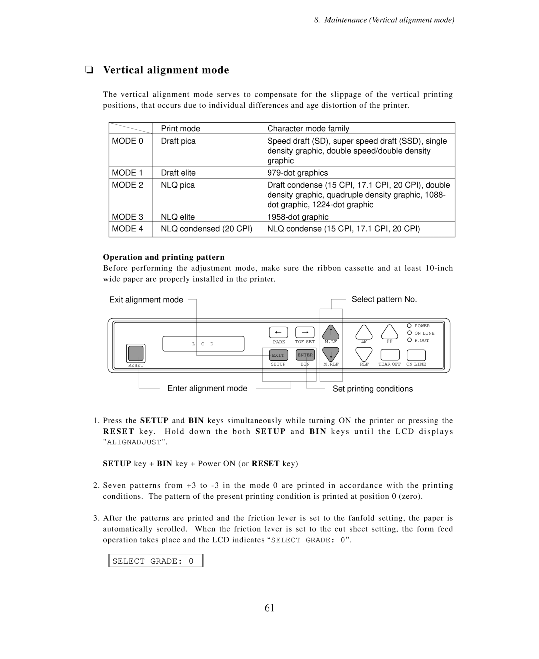 Seiko Group BP-6000 owner manual Vertical alignment mode, Select Grade, Operation and printing pattern 