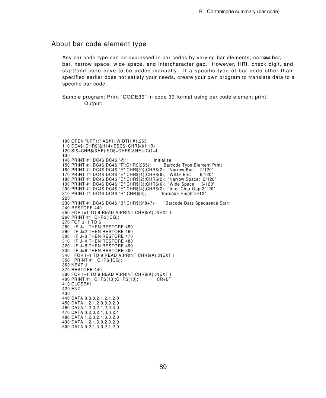 Seiko Group BP-6000 owner manual About bar code element type 